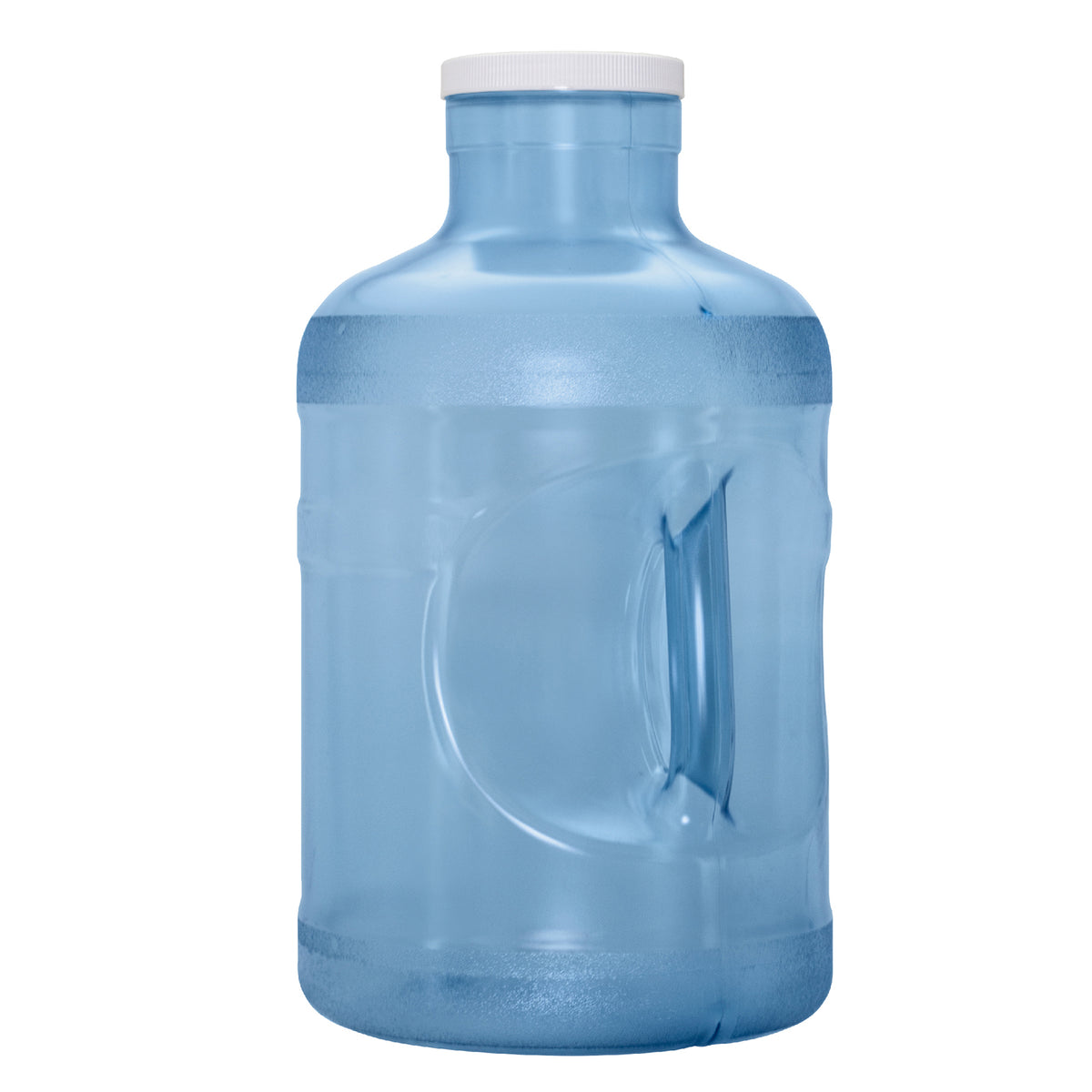 The 5-Gallon Polycarbonate Big Mouth Bottle, made of durable translucent blue plastic, features a white screw-on cap and an integrated side handle, and is shown standing upright against a plain white background.