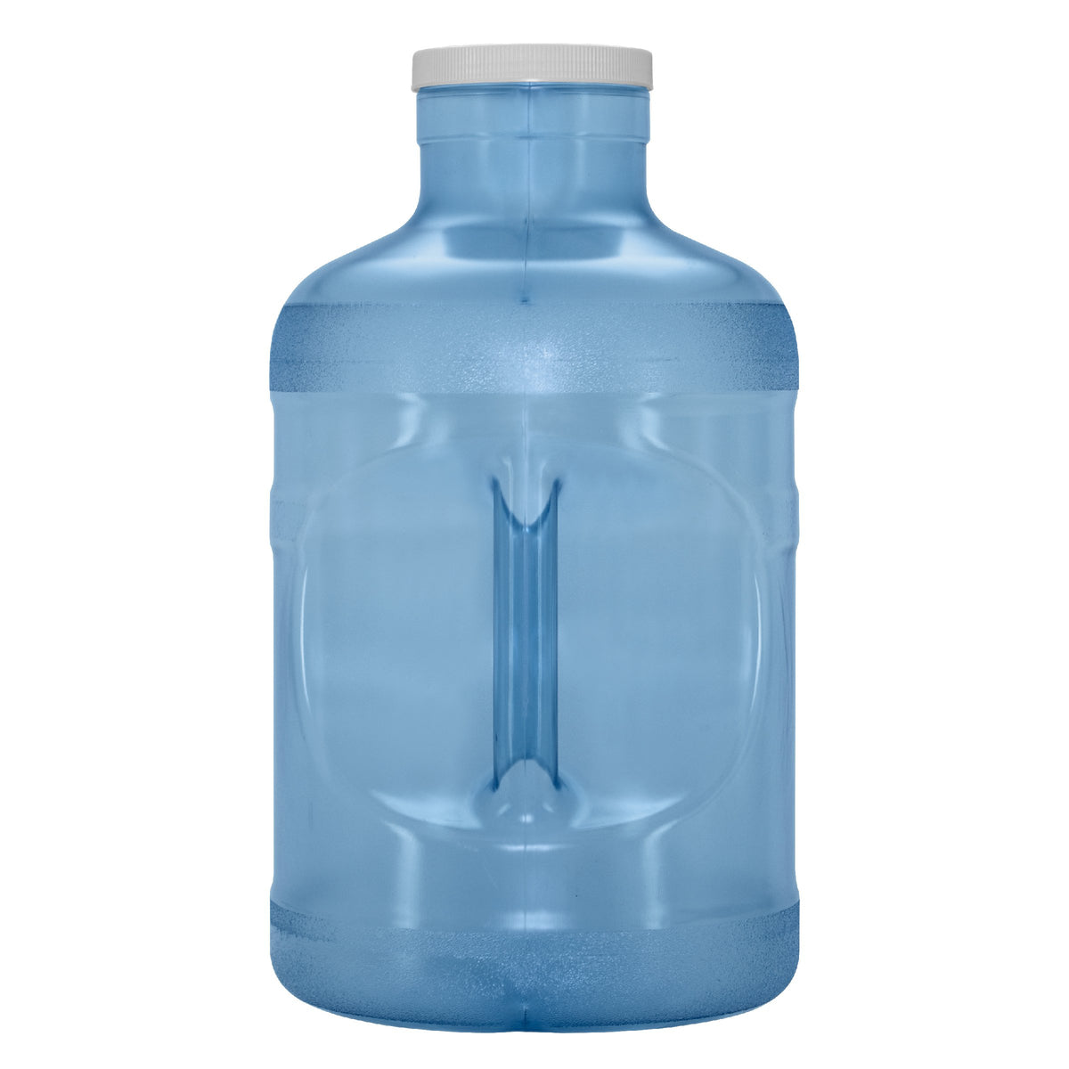 The 5-Gallon Polycarbonate Big Mouth Bottle features a wide body, narrow neck, and white screw-on cap. Made from durable plastic, this large empty bottle is shown against a plain white background.