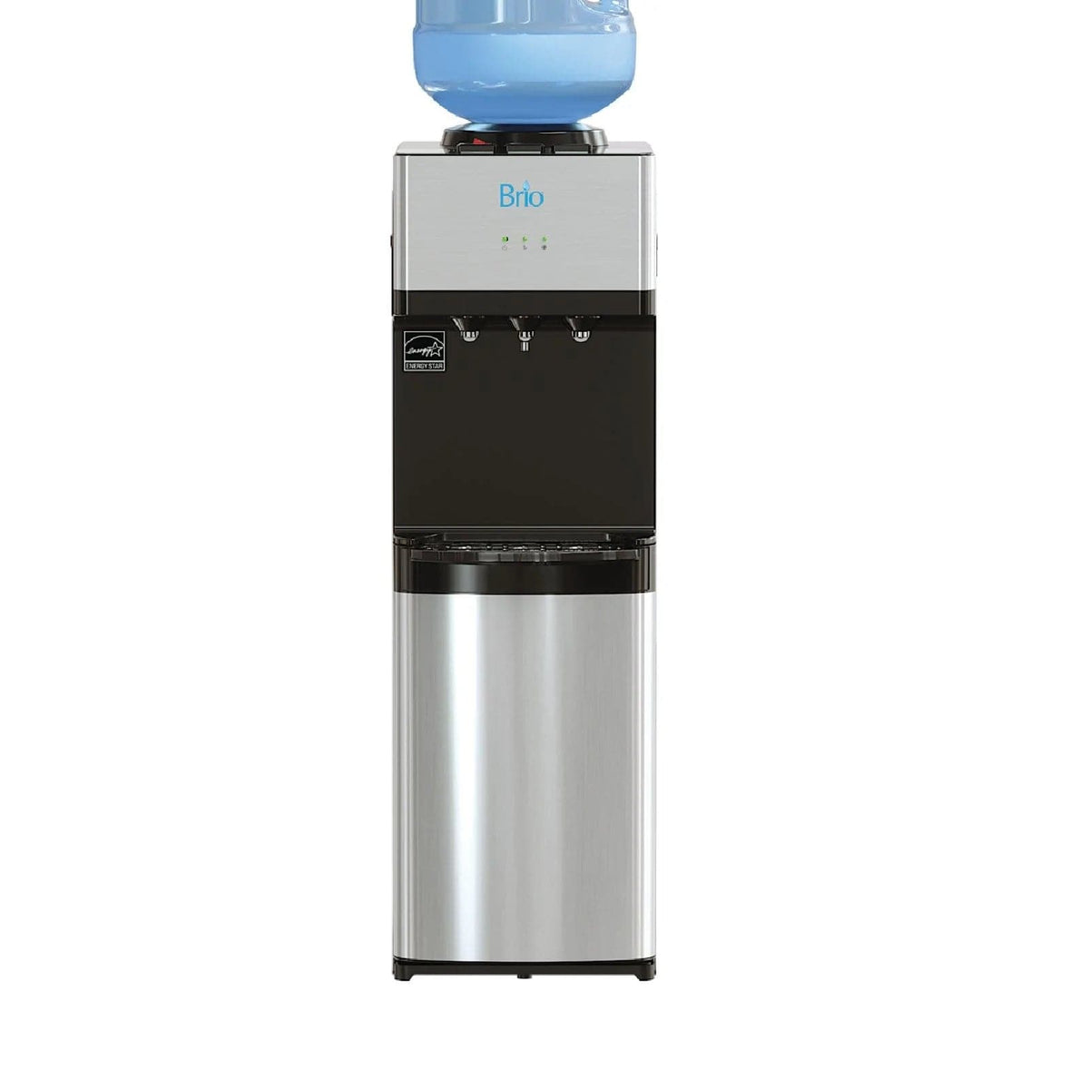 The Stainless Top Load Water Cooler - 520 Series features tri-temperature dispensing with three spouts, a blue water jug on top, and a stainless steel and black design. The Brio brand name is prominently displayed on the front panel.