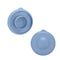 Two blue Snap-On Crown Top Water Bottle Caps, compatible with 55mm bottles; one shown top-down revealing a raised ring and suction cups, the other bottom-up showing a smooth, leak-proof surface. Available in a 48-pack.
