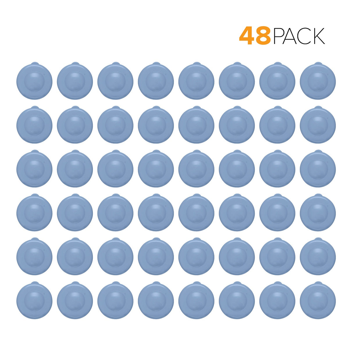 A grid of 48 blue Snap-On Crown Top Water Bottle Caps (48-Pack) for 55mm bottles, food grade plastic, shown in 6 rows of 8 with "48 PACK" in the top right corner.