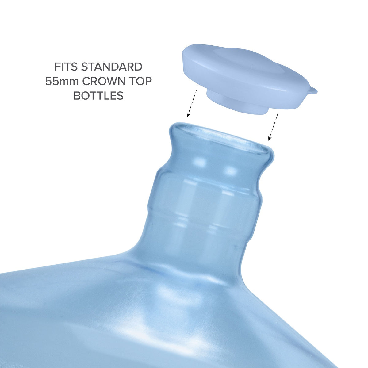 A blue food grade plastic cap hovers above a translucent jug. Text reads: "Snap-On Crown Top Water Bottle Caps (48-Pack) – Fits Standard 55mm Bottles, Leak Proof.