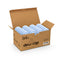 A cardboard box labeled Snap-On Crown Top Water Bottle Caps (48-Pack) holds several leak-proof, light blue, food grade plastic caps for 55mm bottles, neatly arranged and featuring clear branding with a simple bottle cap graphic.