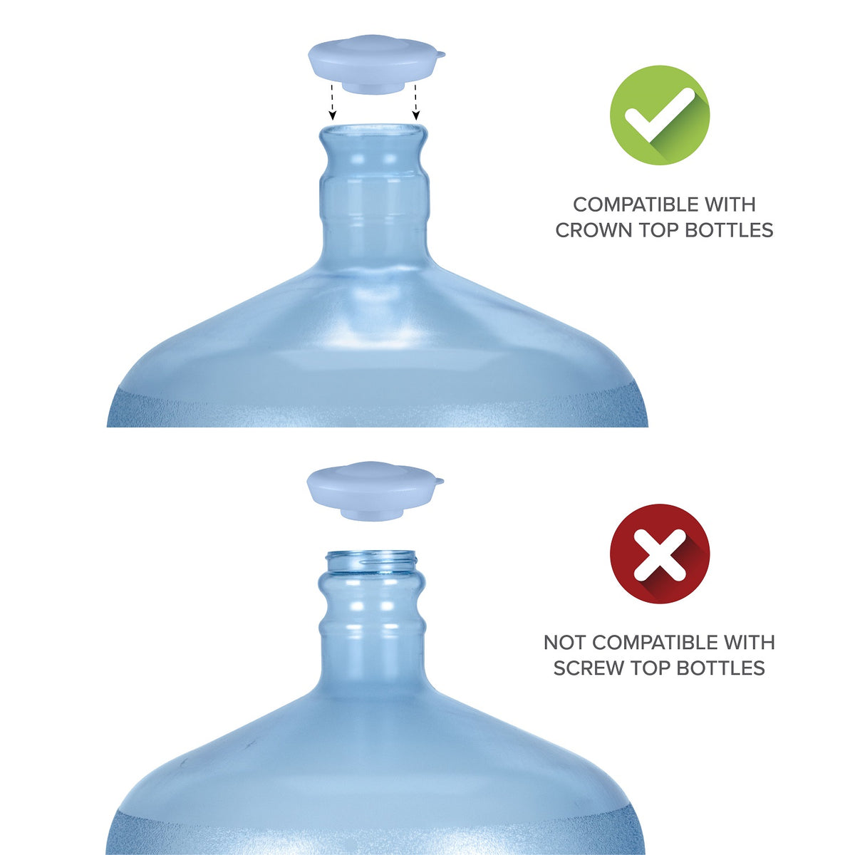 The image shows Snap-On Crown Top Water Bottle Caps (48-Pack) fitting a 55mm crown top bottle (green check) but not a screw top (red X). Text highlights food grade plastic and leak-proof performance.