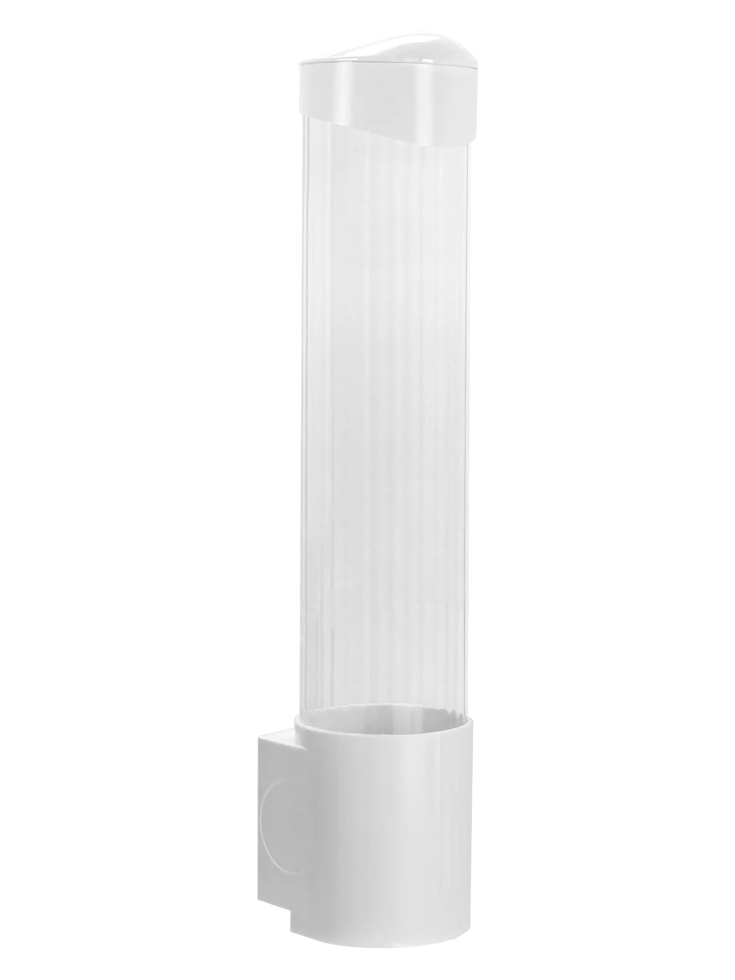 The White Cup Dispenser fits 5–7oz flat bottom or 3–4oz cone cups. Its white, vertical design with a transparent body dispenses disposable drinking cups—ideal for placing beside any water cooler.