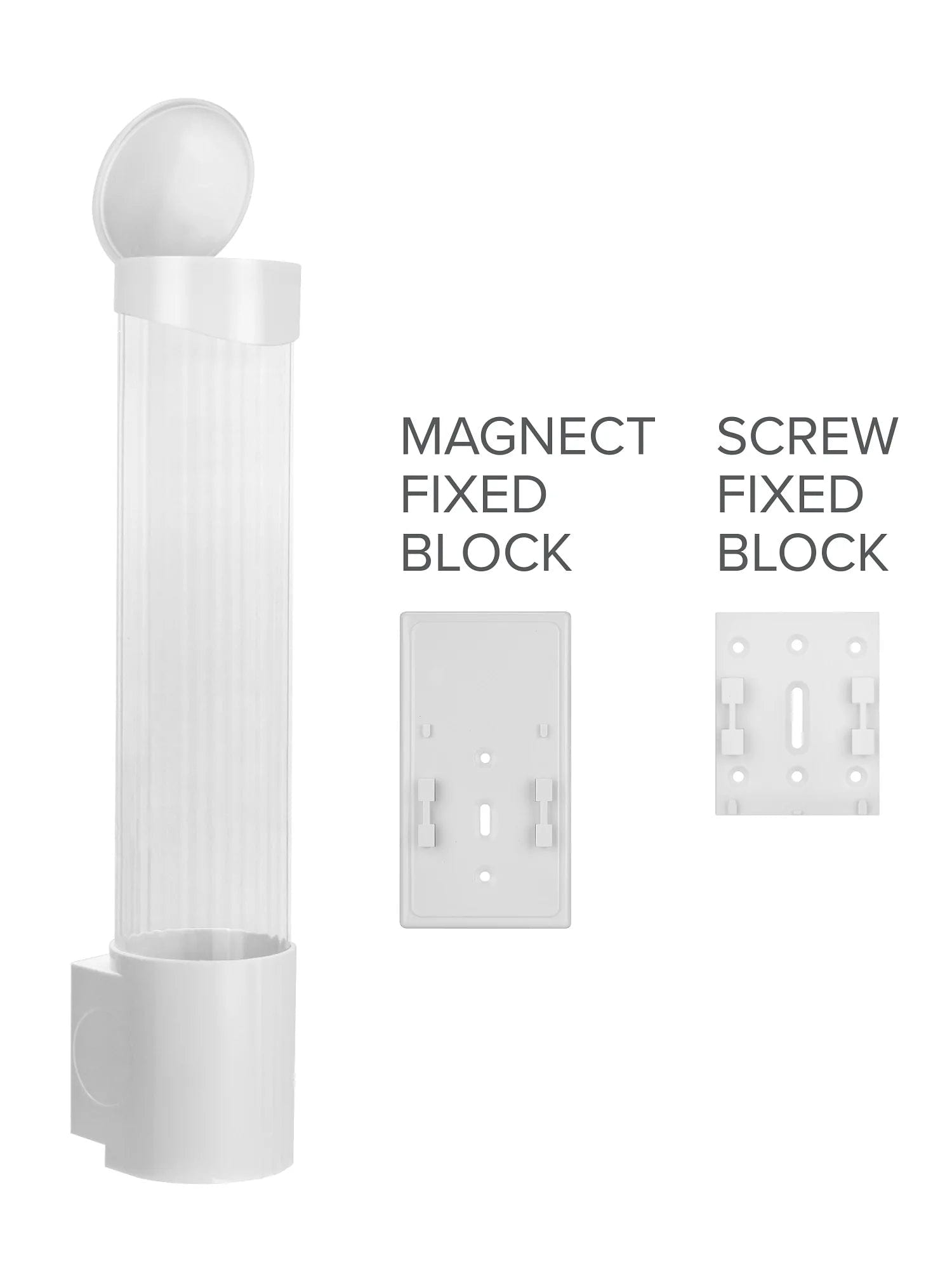 The White Cup Dispenser fits 5–7oz flat bottom or 3–4oz cone cups and mounts to the wall with your choice of a white magnetic or screw-fixed rectangular block, featuring a flip-top lid—perfect for holding drinking cups by your water cooler.
