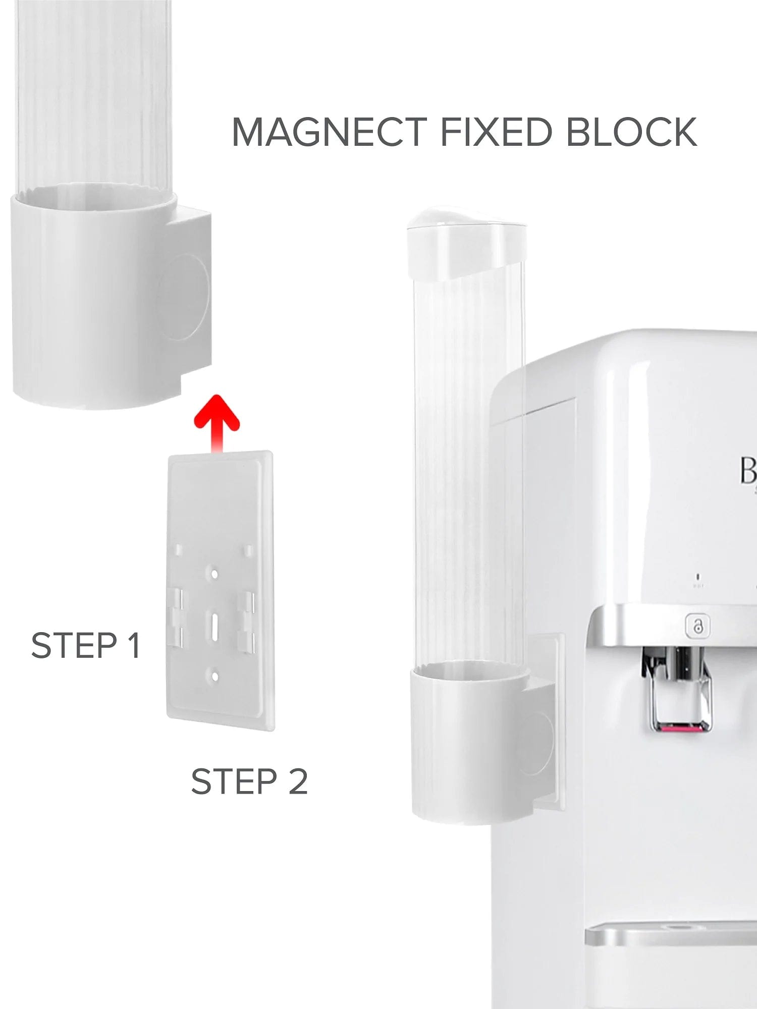 A diagram shows how to attach the White Cup Dispenser, which fits 5–7oz flat bottom or 3–4oz cone cups, to a water cooler using a magnetic fixed block, with labeled steps and an arrow indicating where it attaches.