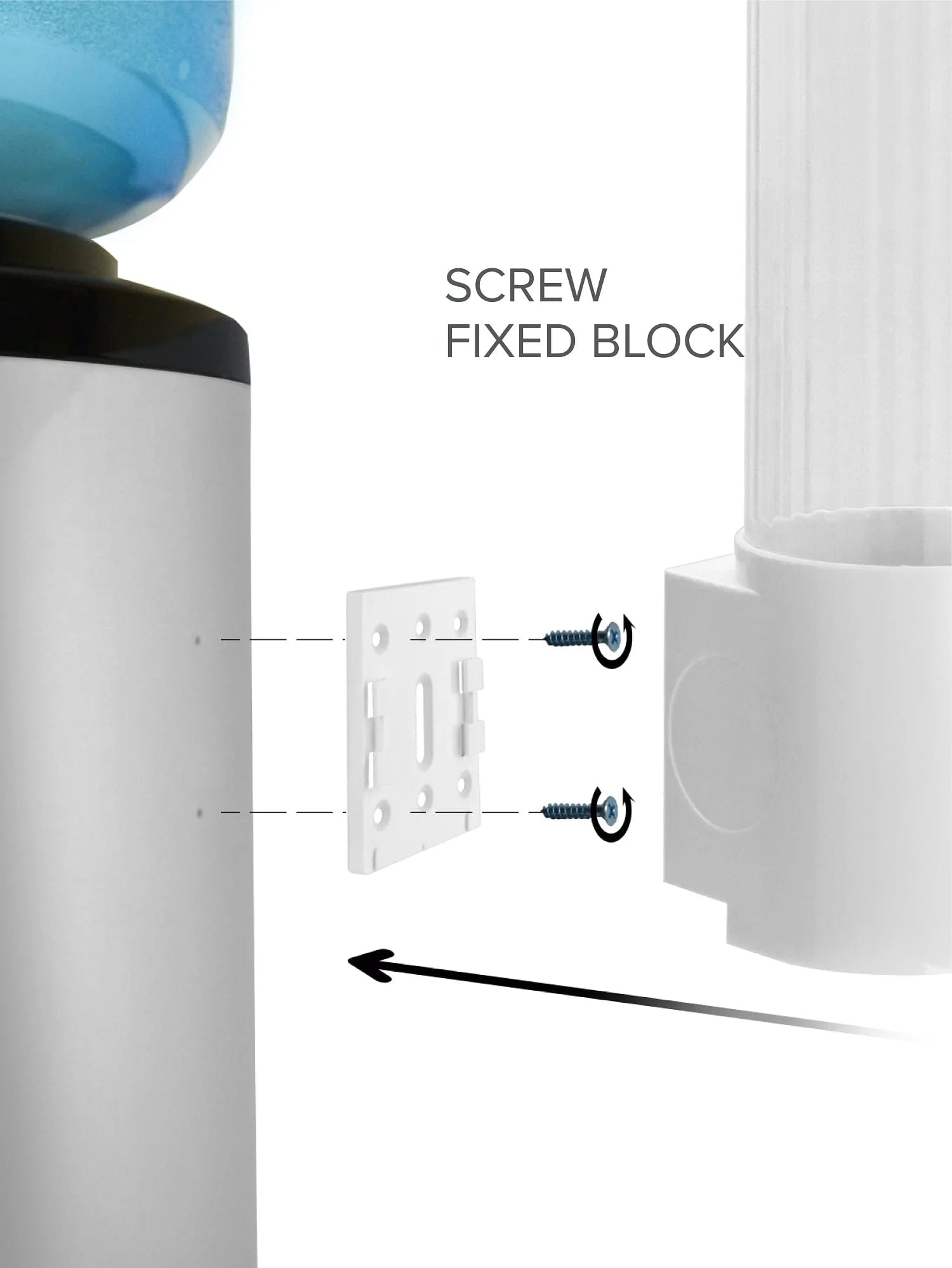 Illustration shows how to attach the White Cup Dispenser (fits 5–7oz flat bottom or 3–4oz cone cups) near a water cooler, using two screws. Parts: dispenser block, screws, and two adjacent cylindrical devices.