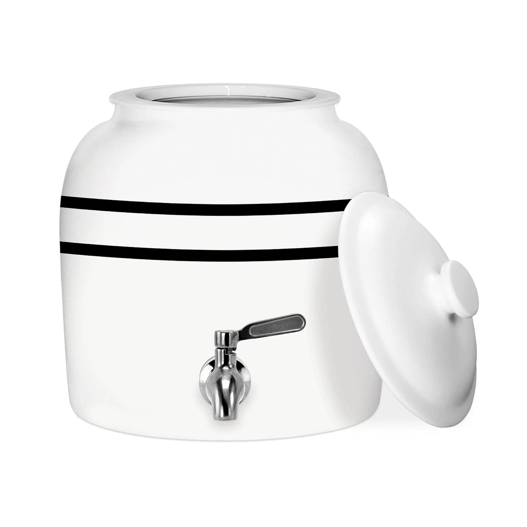 The GEO Porcelain Ceramic Crock Water Dispenser – Black Stripe is a BPA-free ceramic dispenser featuring two black stripes, a metal spigot, and a matching lid resting beside it.