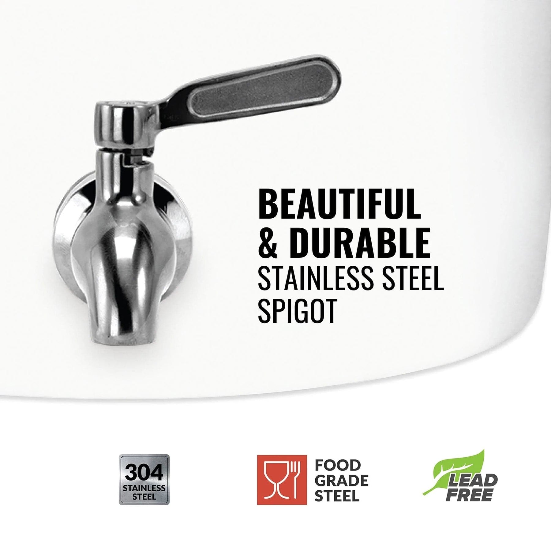 Close-up of a stainless steel spigot on the GEO Porcelain Ceramic Crock Water Dispenser - Black Stripe, with bold text "Beautiful & Durable Stainless Steel Spigot" and icons for 304 Stainless Steel, Food Grade, BPA-free, Lead Free.