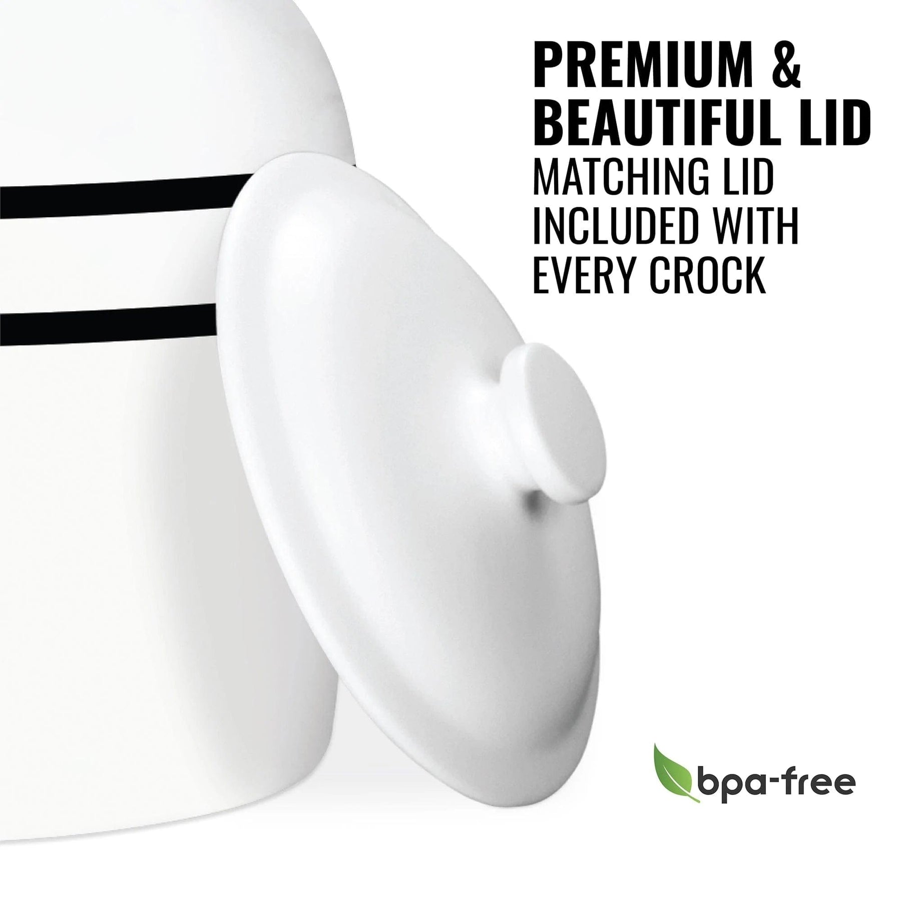The GEO Porcelain Ceramic Crock Water Dispenser - Black Stripe features a white ceramic body with black stripes and includes a matching white lid. “Premium & Beautiful Lid” is displayed, plus a green BPA-free logo in the bottom right corner.