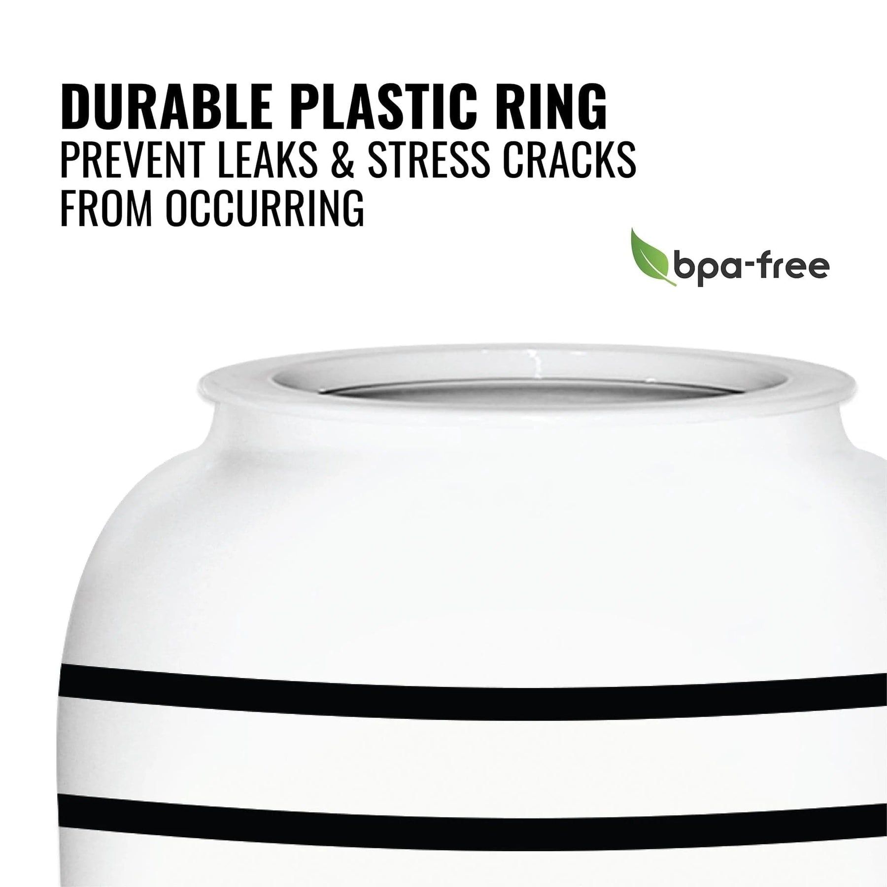 The GEO Porcelain Ceramic Crock Water Dispenser - Black Stripe is shown with a close-up of its leak-resistant ring. The “bpa-free” label featuring a green leaf ensures safe hydration and highlights the durable, crack-resistant construction.