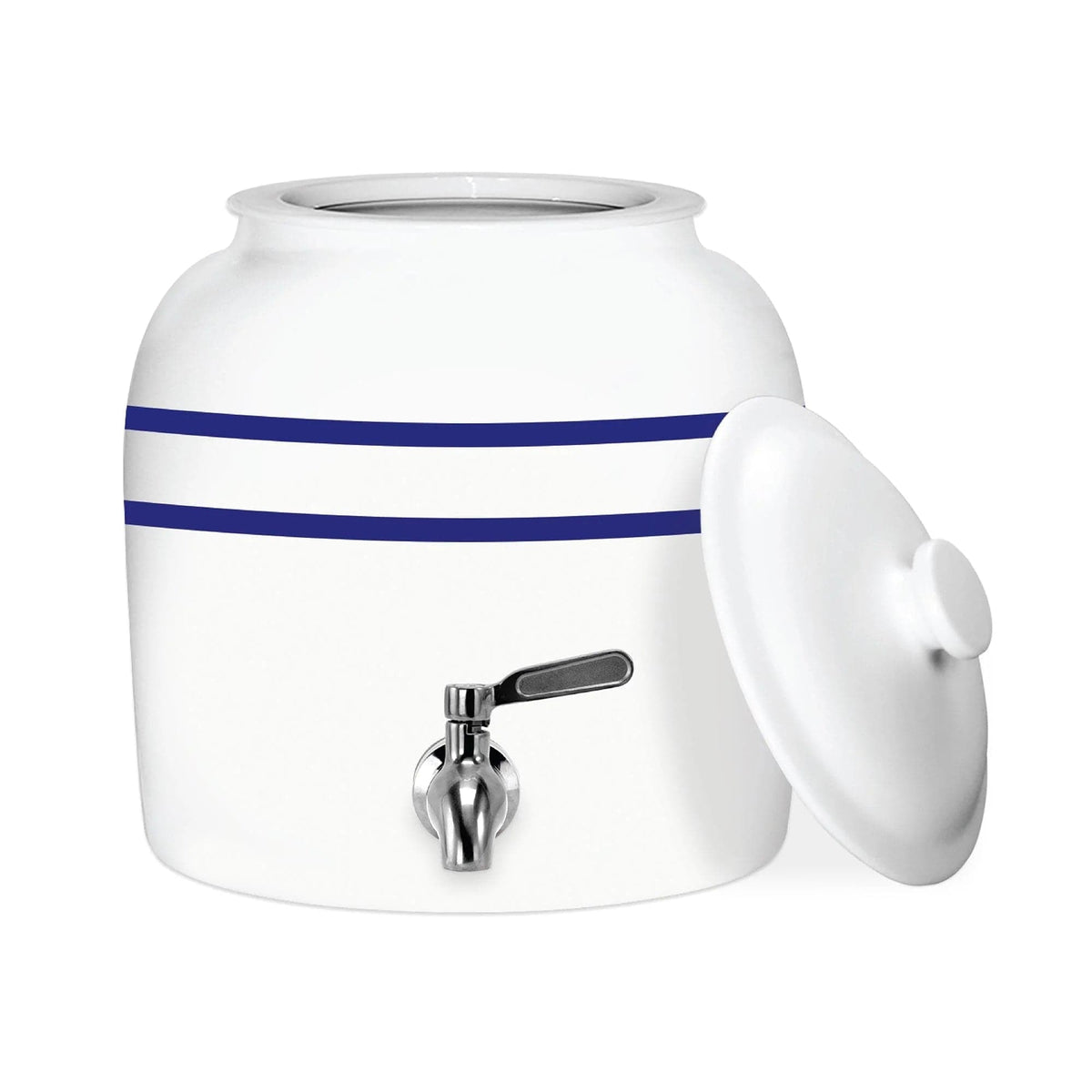 The GEO Porcelain Ceramic Crock Water Dispenser - Blue Stripe features a white ceramic body with two blue stripes, a metal spigot, and a matching lid, displayed on a white background.