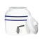 The GEO Porcelain Ceramic Crock Water Dispenser - Blue Stripe features a white ceramic body with two blue stripes, a metal spigot, and a matching lid, displayed on a white background.