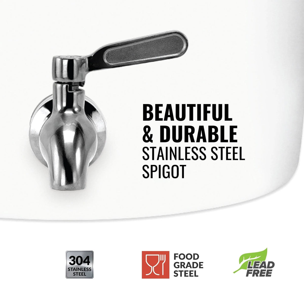 A stainless steel spigot is installed on the white surface of the GEO Porcelain Ceramic Crock Water Dispenser - Blue Stripe. Text reads: Beautiful & durable stainless steel spigot. Icons show 304 food-grade stainless, lead-free, BPA-free.