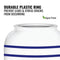 A close-up of the GEO Porcelain Ceramic Crock Water Dispenser - Blue Stripe shows a white container with blue stripes and a durable plastic ring that prevents leaks and stress cracks. Text appears with a green leaf icon.