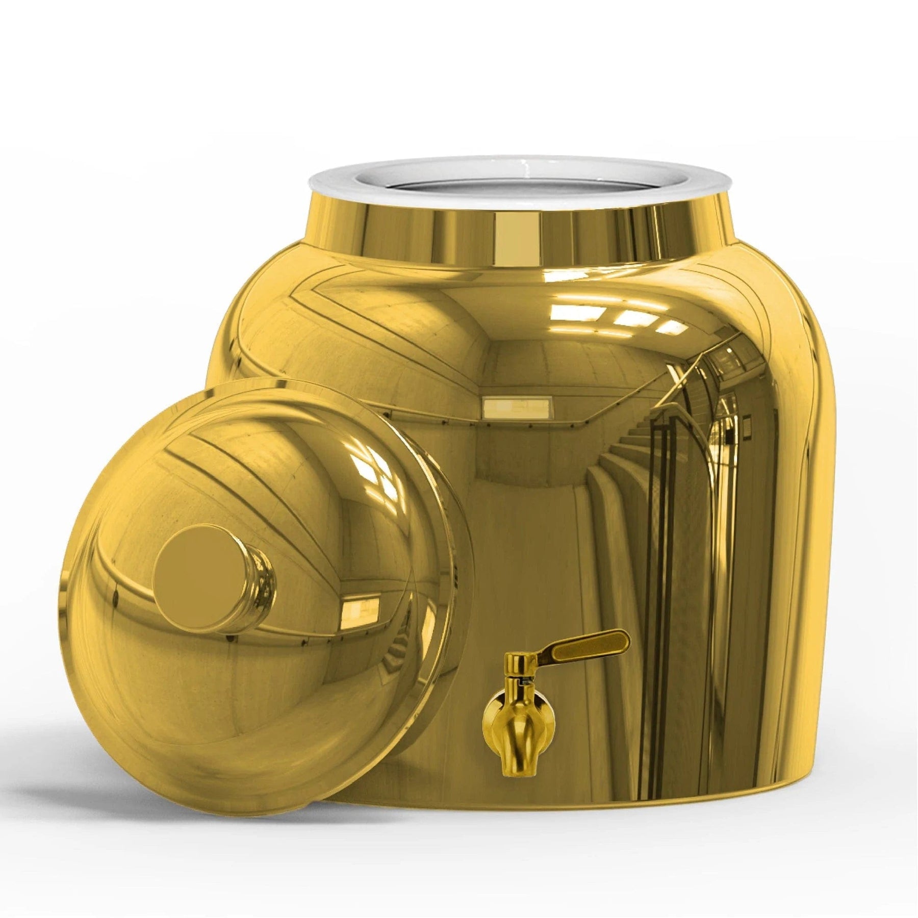 The GEO Porcelain Ceramic Crock Water Dispenser in Gold Chrome features a shiny, BPA-free finish with a side-placed lid and front spout, its smooth gold surface reflecting the surroundings.