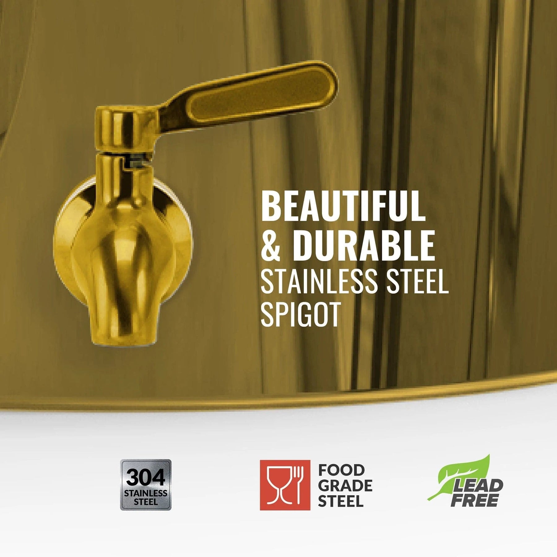 The GEO Porcelain Ceramic Crock Water Dispenser - Gold Chrome features a beautiful, durable gold-colored 304 stainless steel spigot with handle—perfect for 5-gallon bottles or ceramic dispensers. Food grade and BPA-free.