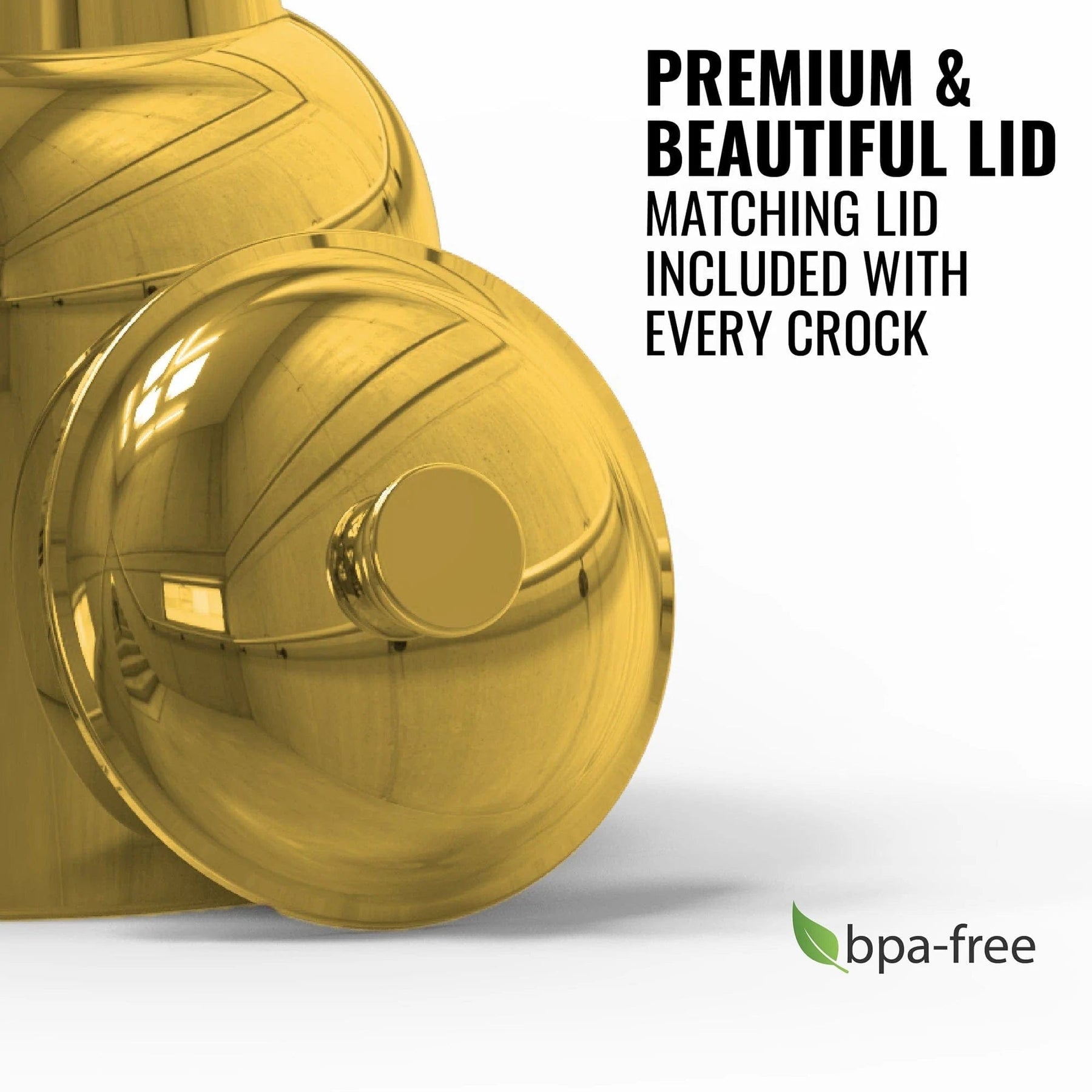 A close-up of the GEO Porcelain Ceramic Crock Water Dispenser - Gold Chrome shows its premium gold lid. Every crock includes this matching lid and a BPA-free label with a green leaf icon—ideal for any 5-gallon water bottle setup.