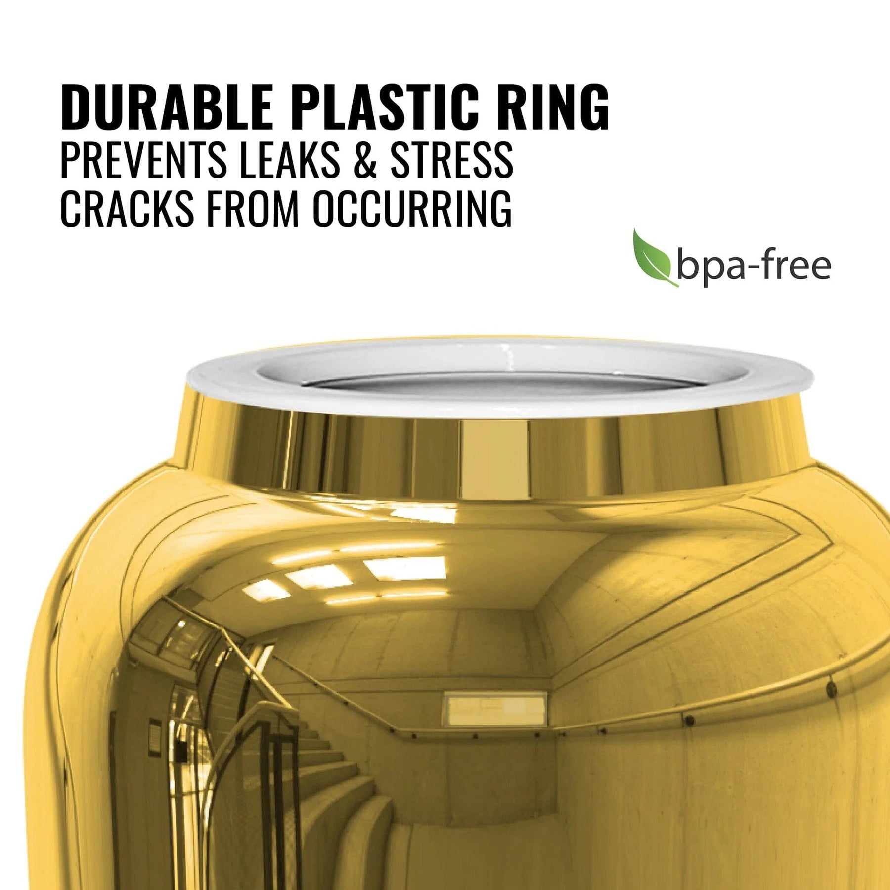 A close-up of the GEO Porcelain Ceramic Crock Water Dispenser in Gold Chrome shows a white plastic ring at the top. Text: Durable, leak-proof BPA-free ring prevents stress cracks on your 5-gallon bottle. A green leaf BPA-free label is shown.