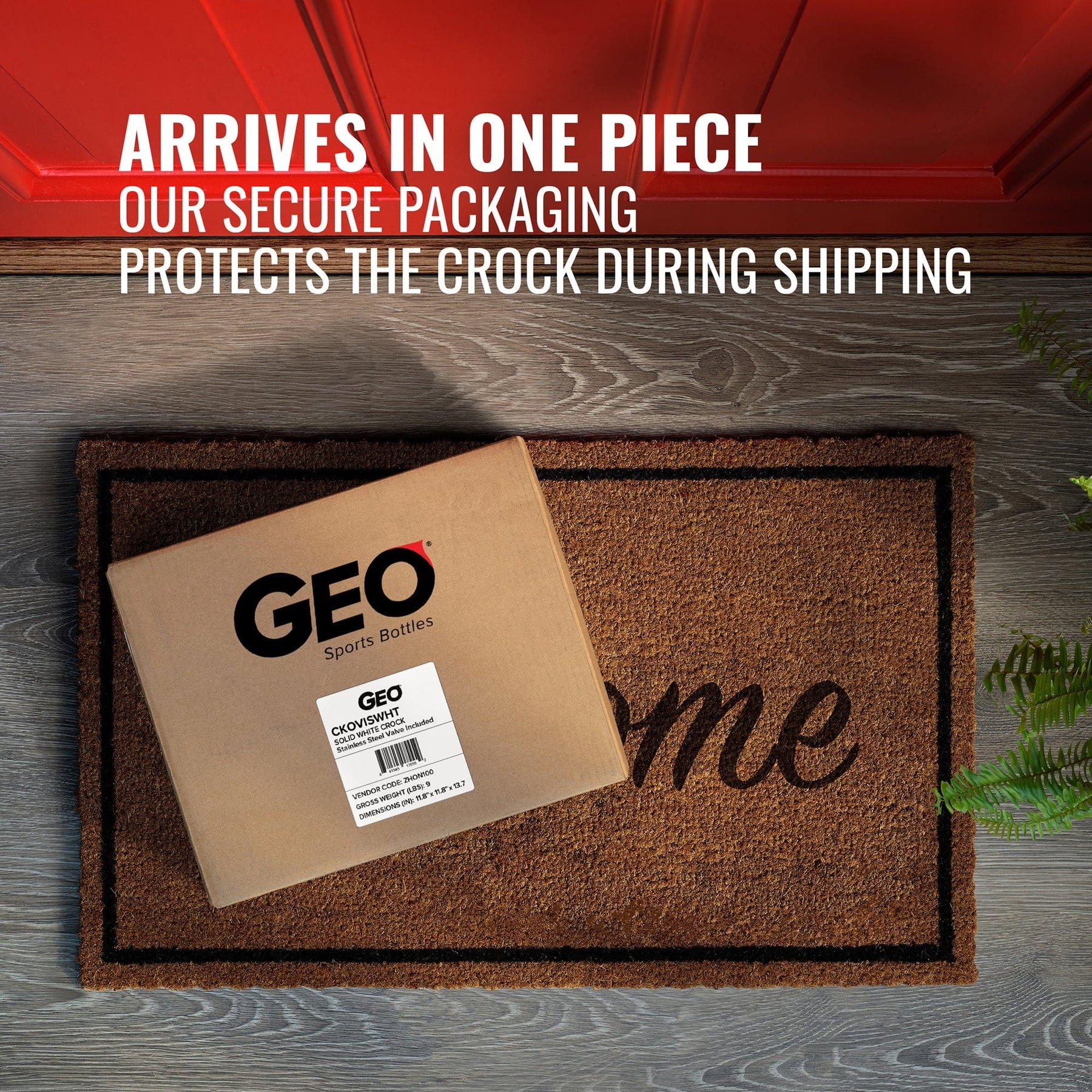 A cardboard box labeled GEO Porcelain Ceramic Crock Water Dispenser - Gold Chrome sits on a brown doormat by a red door. White text above reads: Arrives safely. Our secure packaging protects your BPA-free dispenser in transit.