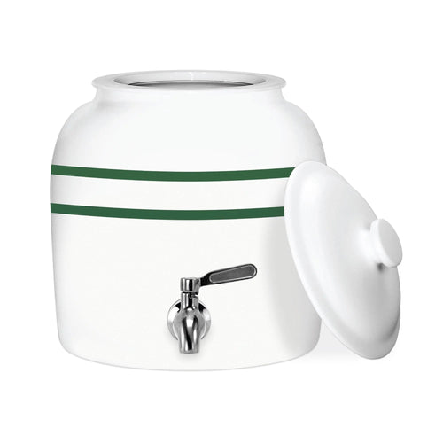 The GEO Porcelain Ceramic Crock Water Dispenser - Green Stripe is a white BPA-free ceramic dispenser with two green stripes, a metal spigot, and a matching lid shown resting on its side.