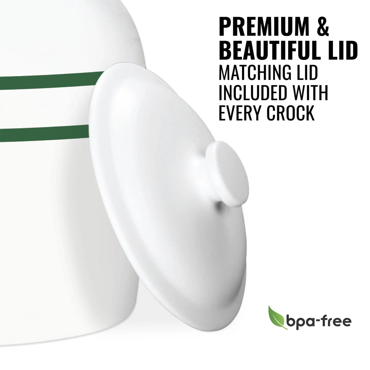The GEO Porcelain Ceramic Crock Water Dispenser - Green Stripe is shown with a matching white, BPA-free lid. Text: Premium & beautiful lid. Each crock includes a matching BPA-free lid. A green BPA-free logo appears at bottom right.
