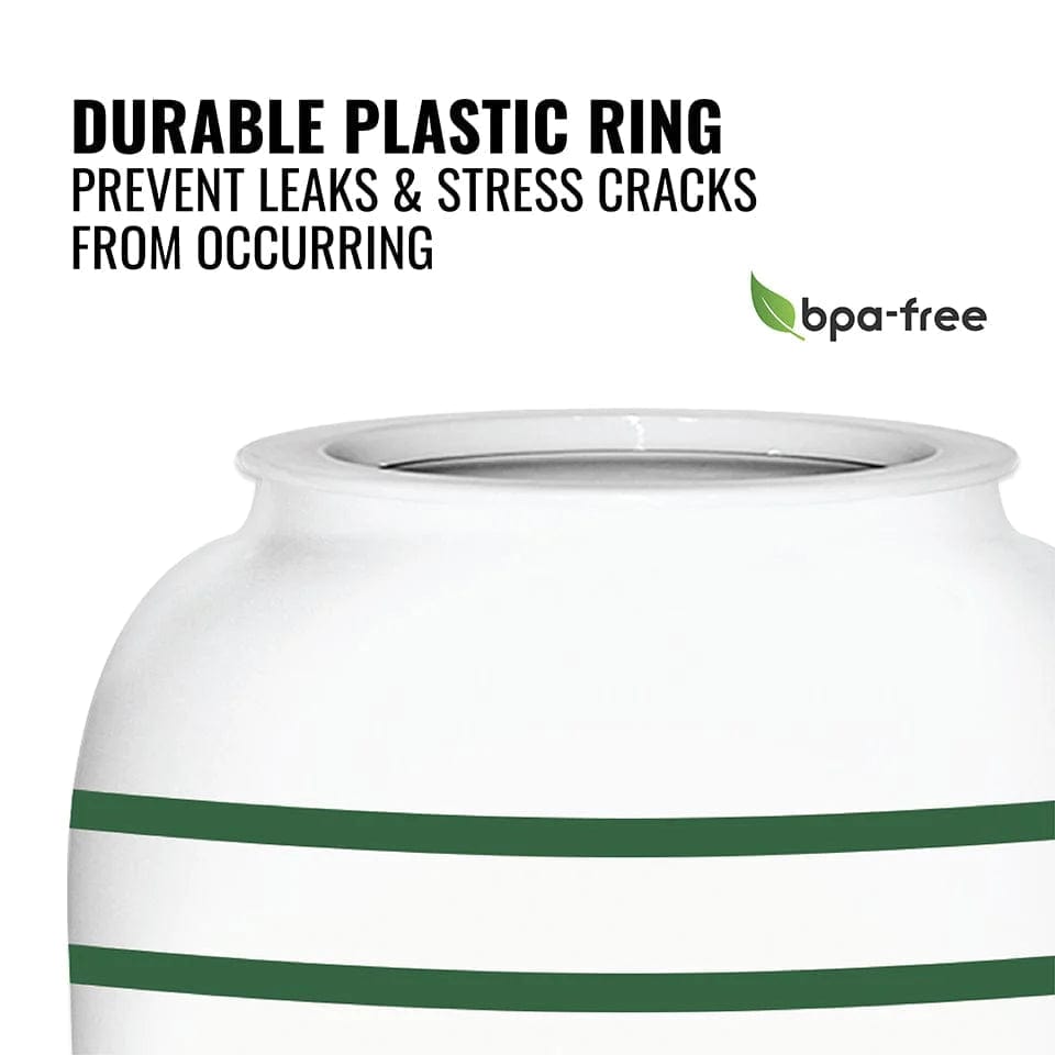A close-up of the GEO Porcelain Ceramic Crock Water Dispenser - Green Stripe shows a durable plastic ring to prevent leaks and stress cracks, with BPA-free label and green leaf icon.