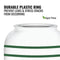A close-up of the GEO Porcelain Ceramic Crock Water Dispenser - Green Stripe shows a durable plastic ring to prevent leaks and stress cracks, with BPA-free label and green leaf icon.