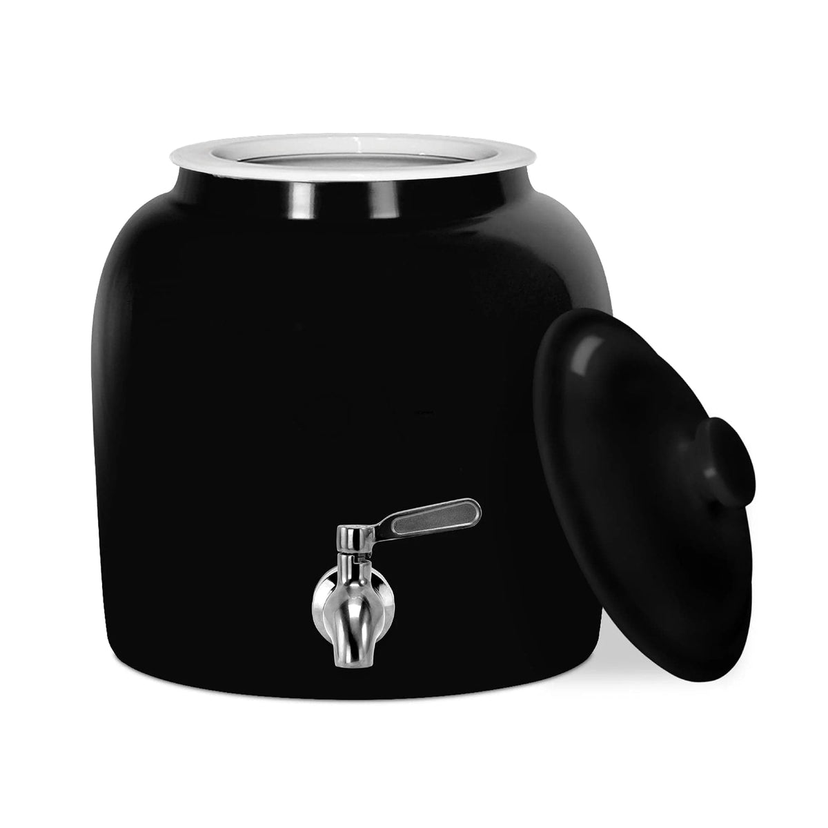 The GEO Porcelain Ceramic Crock Water Dispenser in black features a matching black lid, silver spigot, a wide top opening for easy refills, and is BPA-free—ideal for use with 5-gallon water bottles.