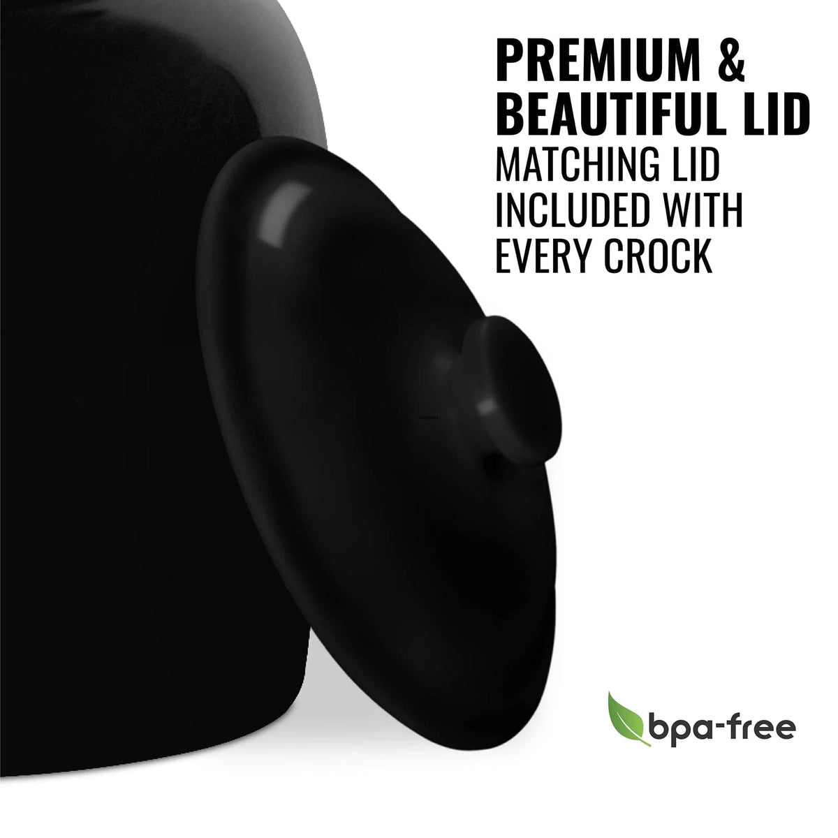 The GEO Porcelain Ceramic Crock Water Dispenser in black is pictured with a matching black lid. Text says: Premium & beautiful lid. Matching lid included with every crock. A BPA-free label with a green leaf appears at bottom right.