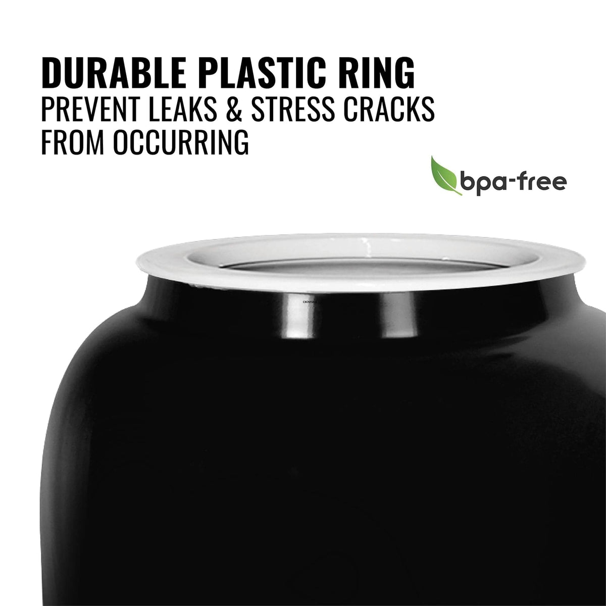 Close-up of a BPA-free 5-gallon water bottle with a white leak-proof ring and green leaf icon, highlighting its safety and durability—ideal for use with the GEO Porcelain Ceramic Crock Water Dispenser in Black.