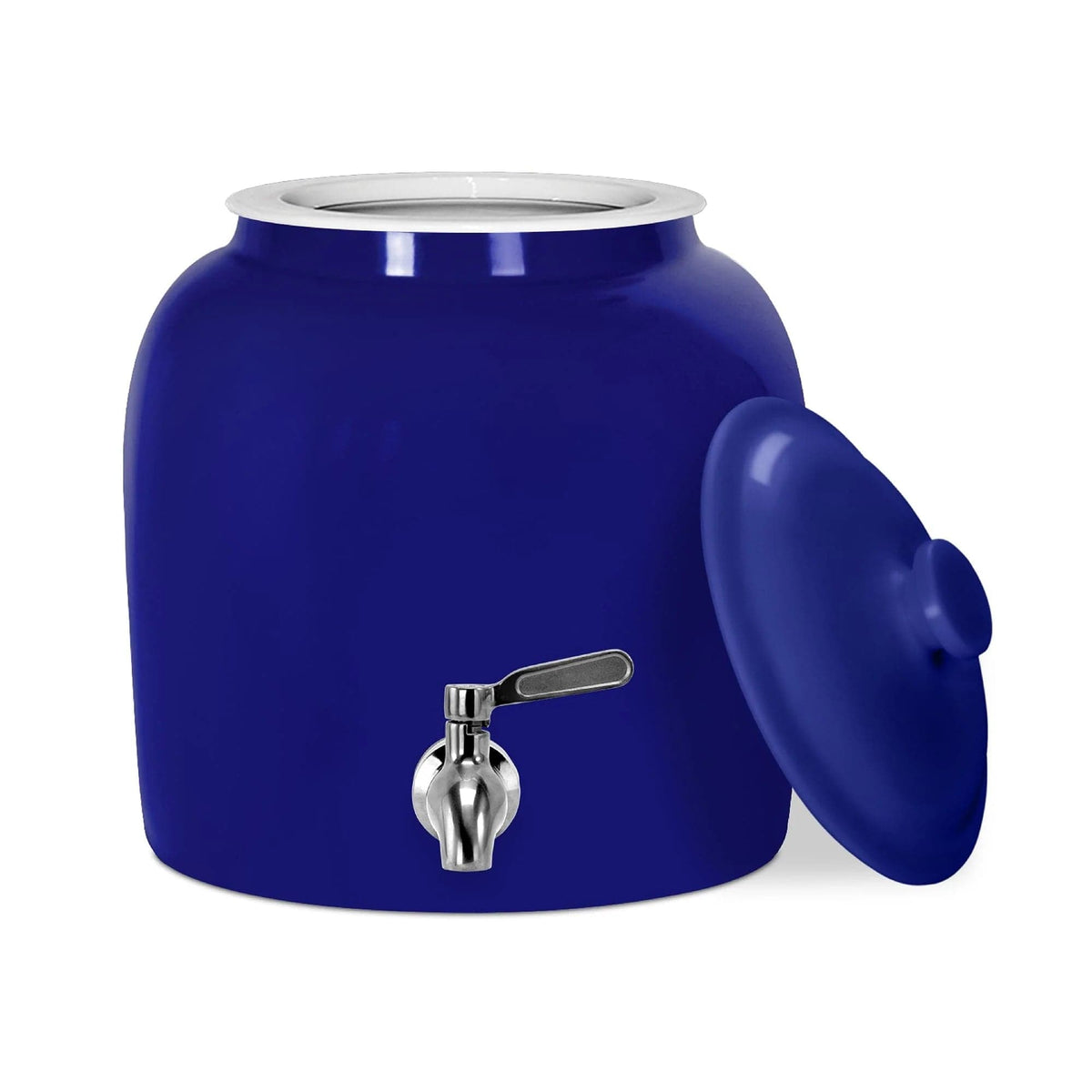 The GEO Porcelain Ceramic Crock Water Dispenser in blue is a BPA-free, 5-gallon ceramic dispenser with a stainless steel spigot and matching blue lid, displayed on a plain white background.