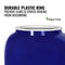 A close-up of the GEO Porcelain Ceramic Crock Water Dispenser in blue, featuring a white, durable plastic ring that prevents leaks and stress cracks. Text above highlights this feature. A BPA-free symbol with a green leaf is also displayed.