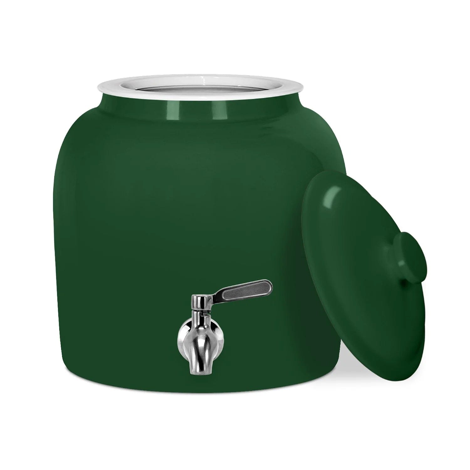 The GEO Porcelain Ceramic Crock Water Dispenser in dark green comes with a matching lid and stainless steel spigot. This BPA-free 5-gallon dispenser combines style and function, shown here against a white background.