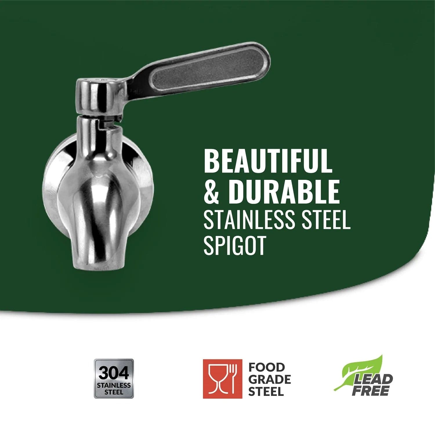 The GEO Porcelain Ceramic Crock Water Dispenser - Green features a BPA-free, food grade 304 stainless steel spigot with a lever handle, shown on a green background—perfect for your 5-gallon water dispenser or ceramic crock, and is lead-free for safety.