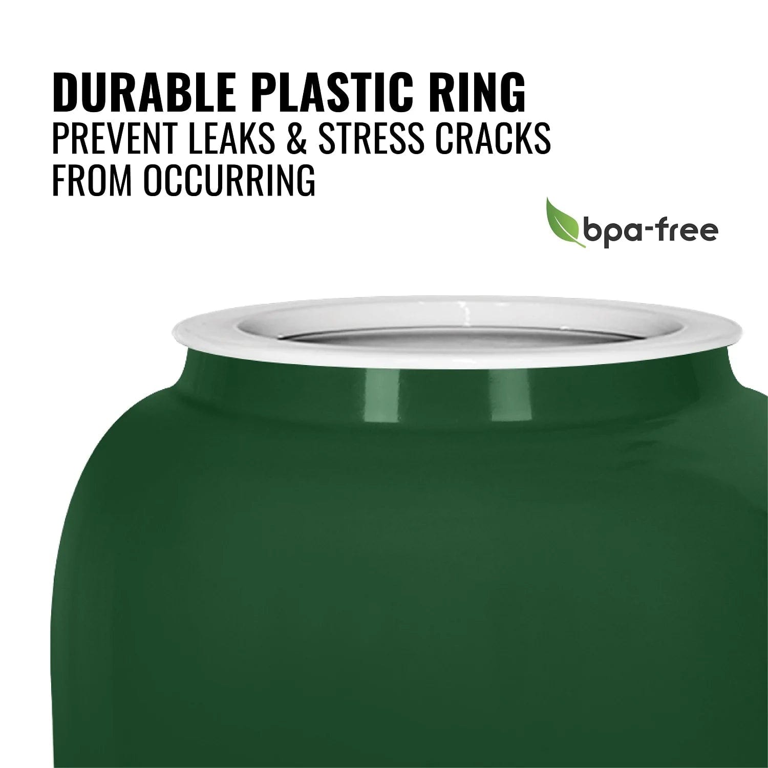 A close-up of the GEO Porcelain Ceramic Crock Water Dispenser - Green shows a durable, BPA-free plastic ring at the top to prevent leaks and stress cracks. Features a green leaf icon highlighting its eco-friendly design.