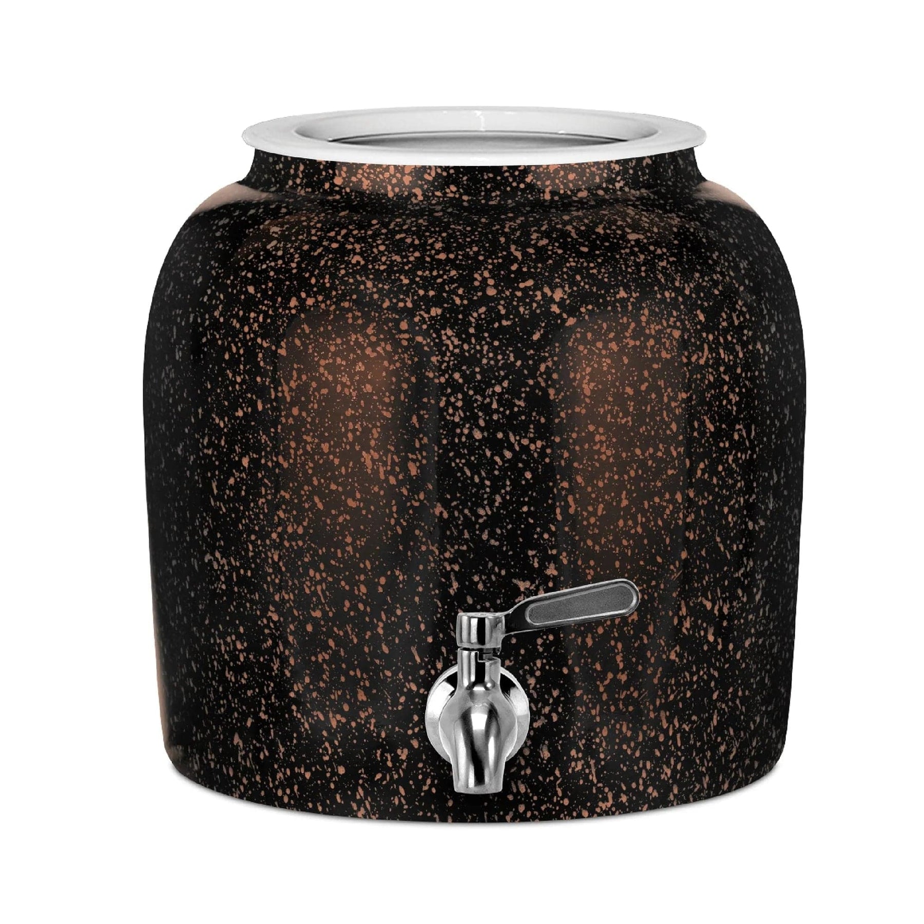 The GEO Porcelain Ceramic Crock Water Dispenser – Black w/ Orange Speckles features a silver spigot, wide top opening, and BPA-free ceramic—ideal as a water dispenser or 5-gallon bottle holder.