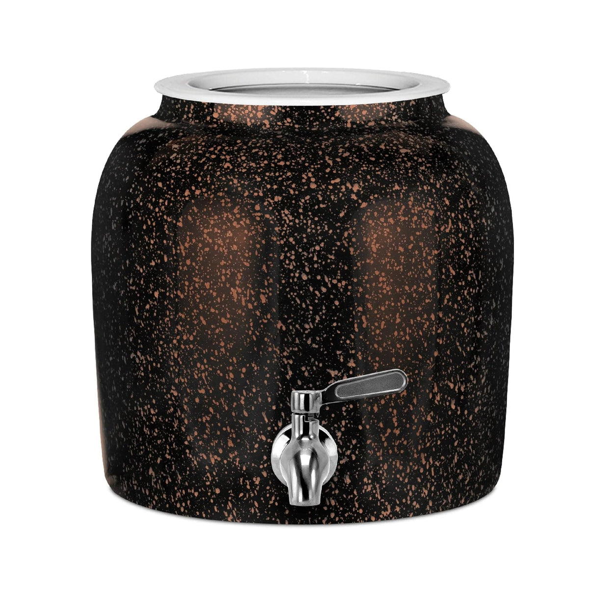 The GEO Porcelain Ceramic Crock Water Dispenser in black with orange speckles features a silver spigot and white rim—an elegant, BPA-free hydration solution for any space.