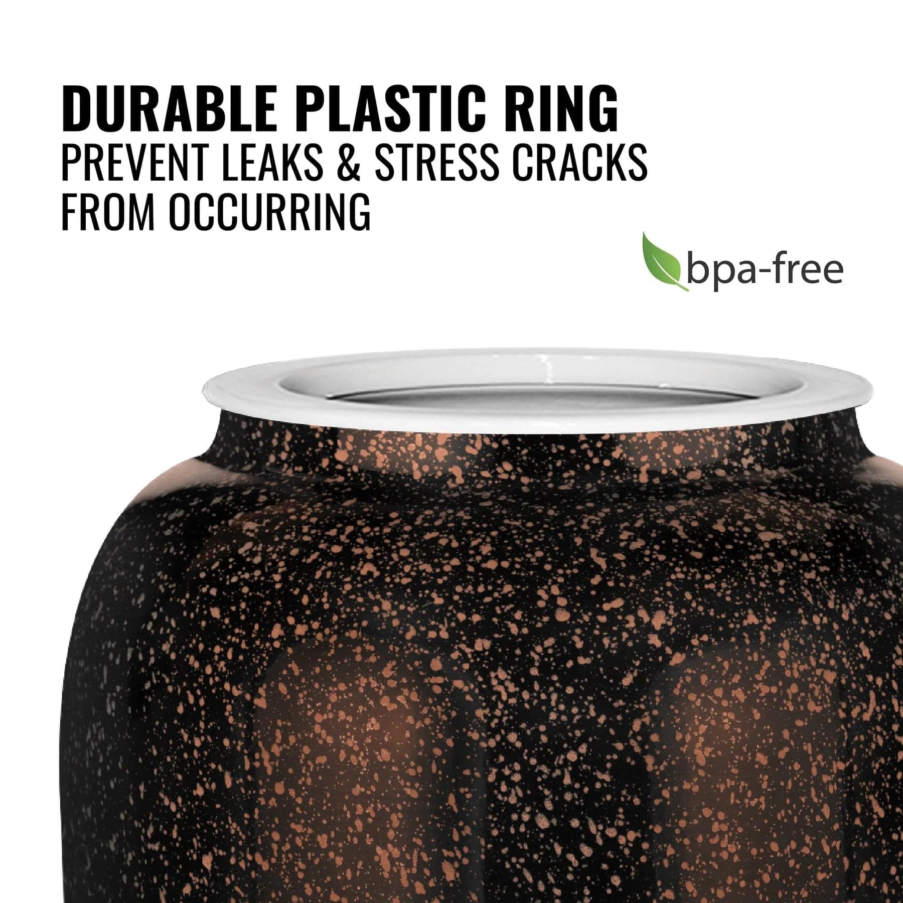 A close-up of the GEO Porcelain Ceramic Crock Water Dispenser in black with orange speckles and a white plastic ring. Text: Durable BPA-free ring prevents leaks & cracks. Features a green leaf label; ideal for any 5-gallon water bottle holder.