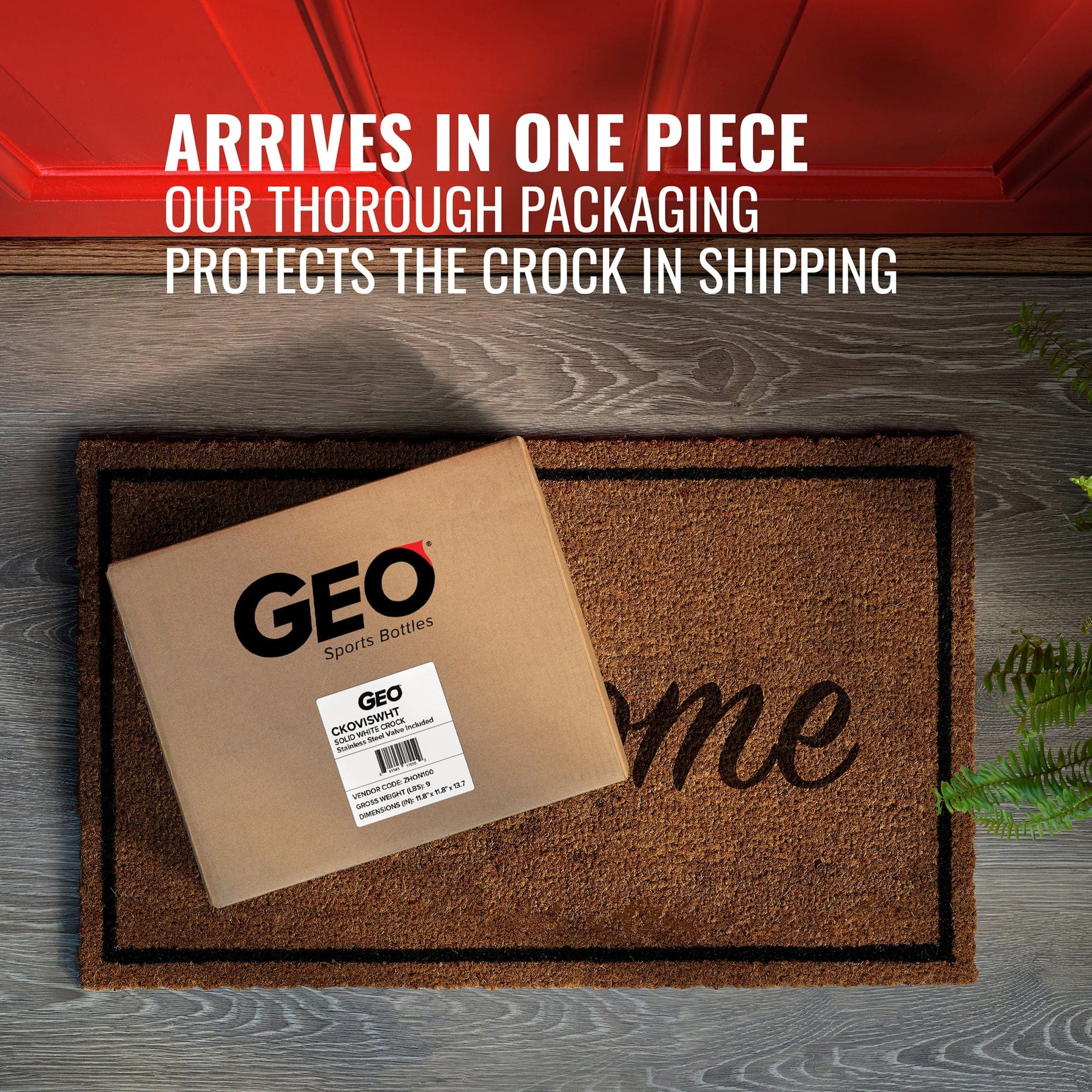 A cardboard box labeled GEO Porcelain Ceramic Crock Water Dispenser – Black w/ Orange Speckles sits on a doormat by a red door. Text above reads: Arrives in one piece—our packaging safeguards your porcelain crock during shipping.
