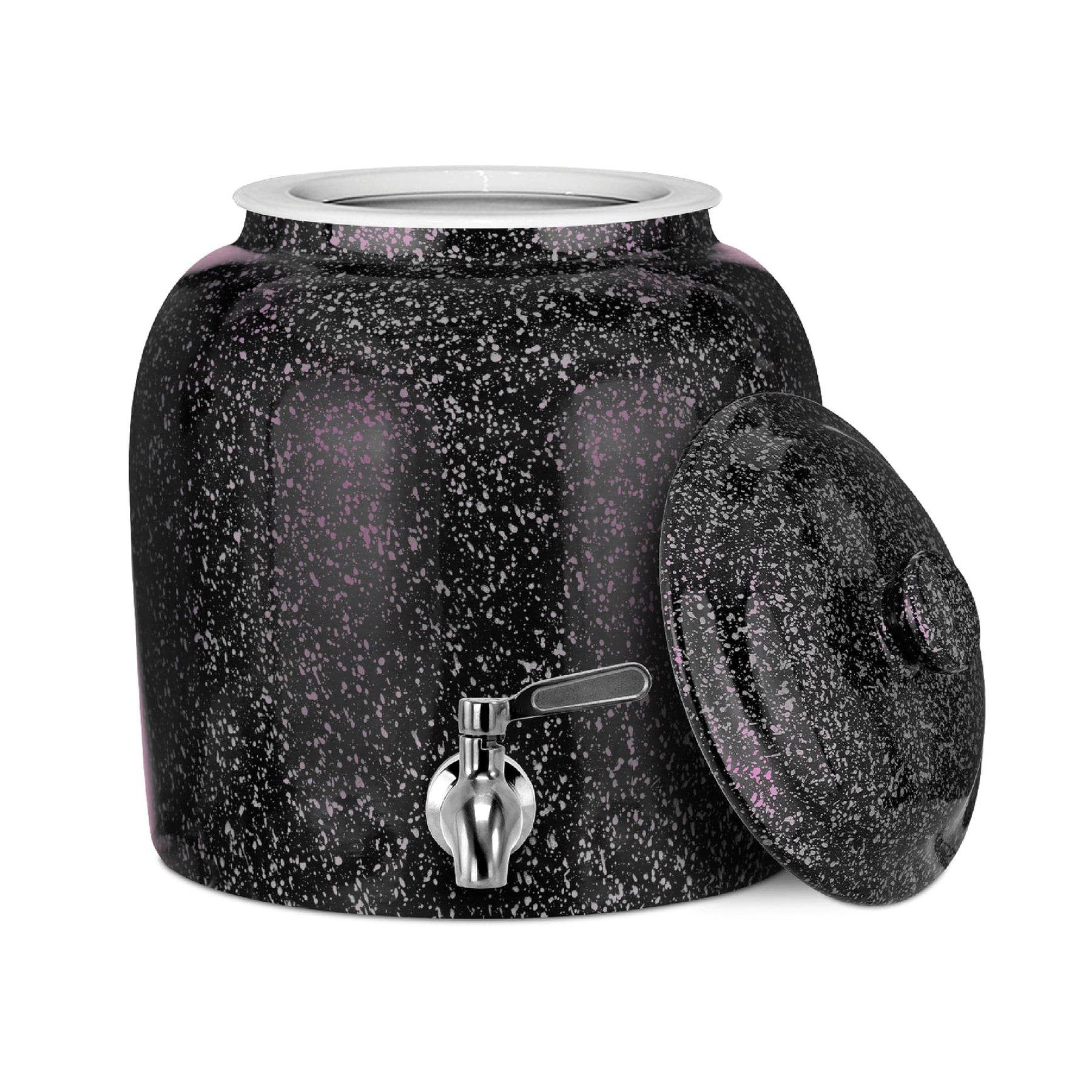 The GEO Porcelain Ceramic Crock Water Dispenser in black with pink speckles features a silver spigot, white inner rim, and matching removable lid. BPA-free, it’s displayed on a white background.