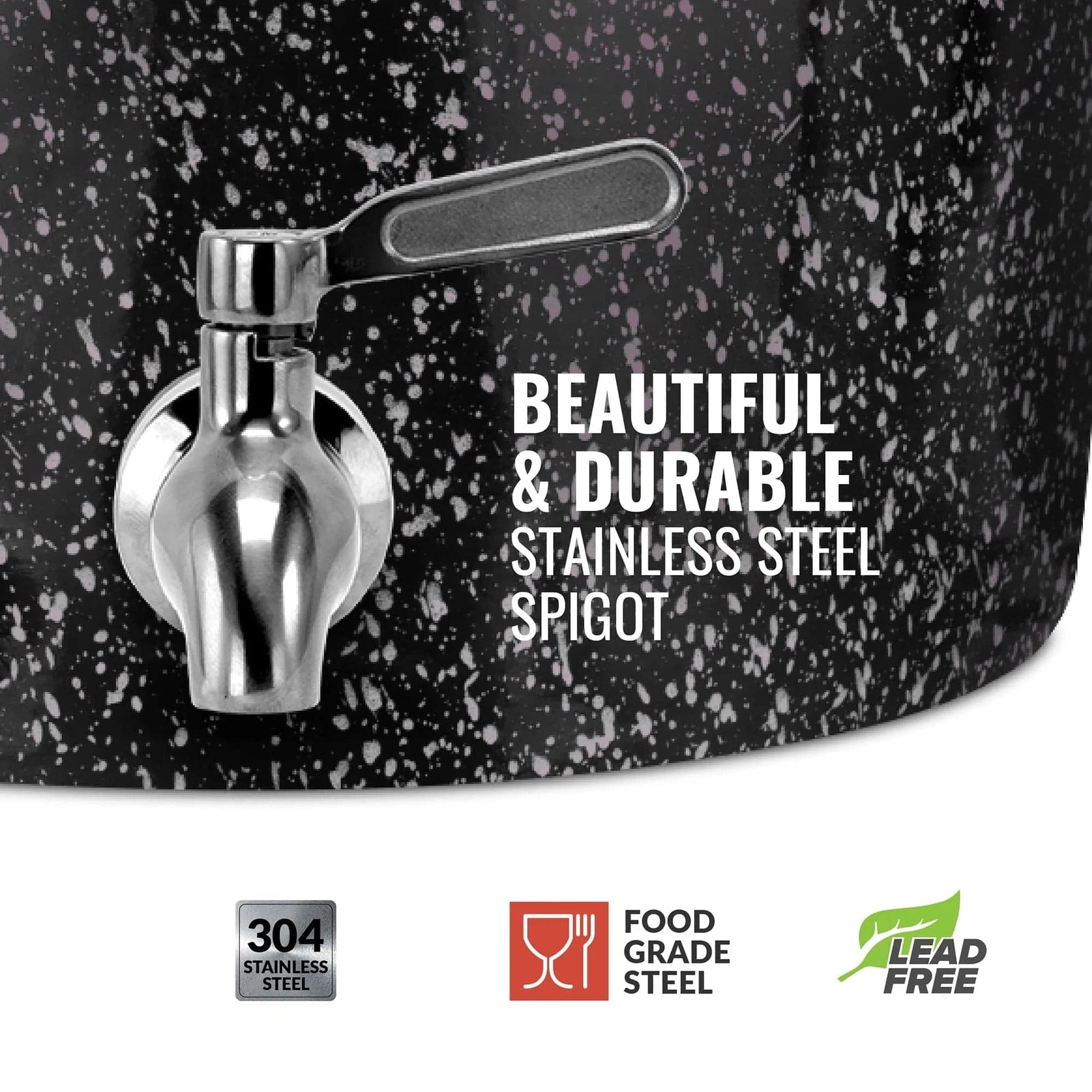 The GEO Porcelain Ceramic Crock Water Dispenser - Black w/ Pink Speckles features a stainless steel spigot. Text reads "Beautiful & Durable Stainless Steel Spigot." Icons: 304 stainless, food grade, lead free, BPA-free.