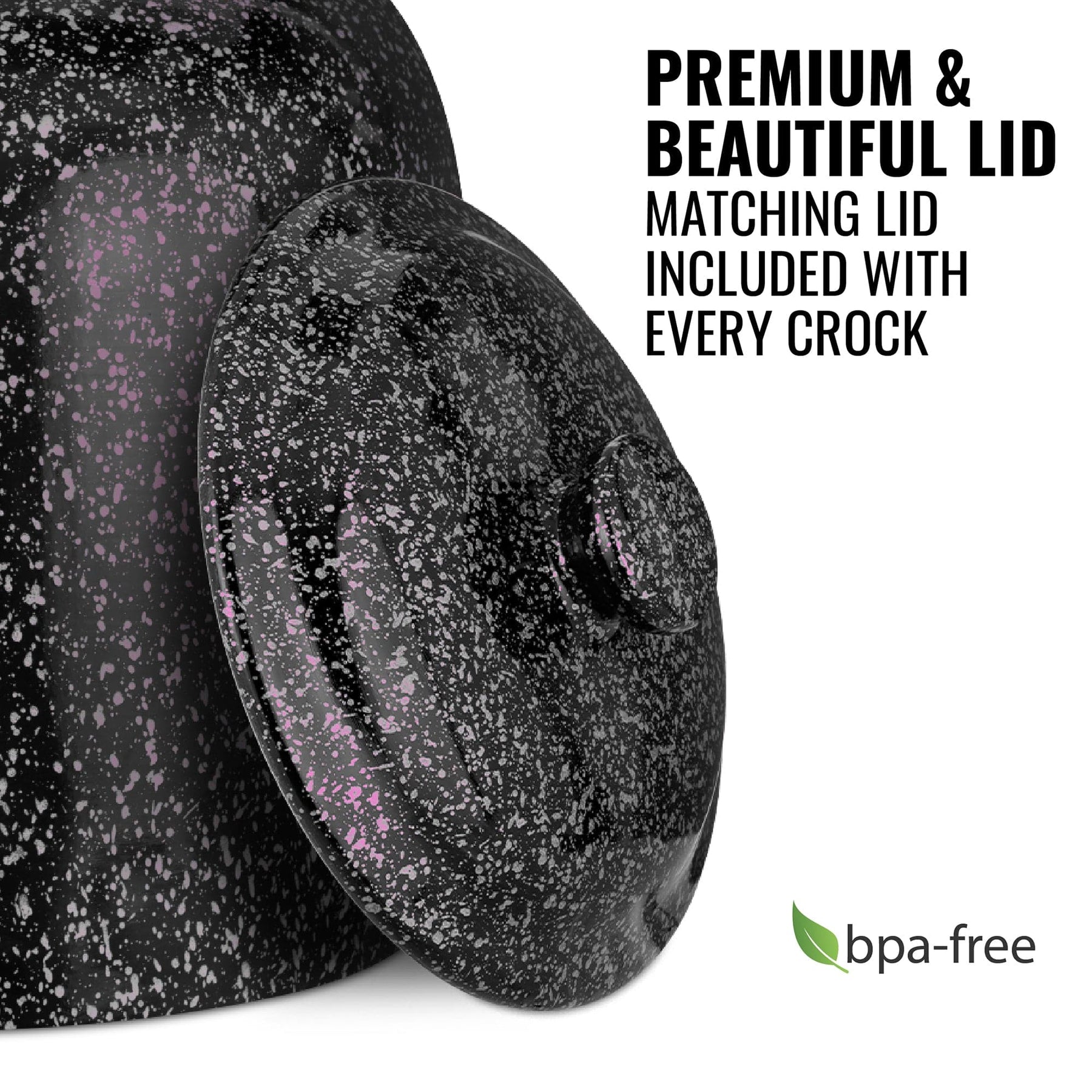 A close-up of the GEO Porcelain Ceramic Crock Water Dispenser in black with pink speckles showcases its matching lid resting to the side. Text reads, "Premium & Beautiful Lid – Matching lid included." BPA-free logo appears at bottom right.
