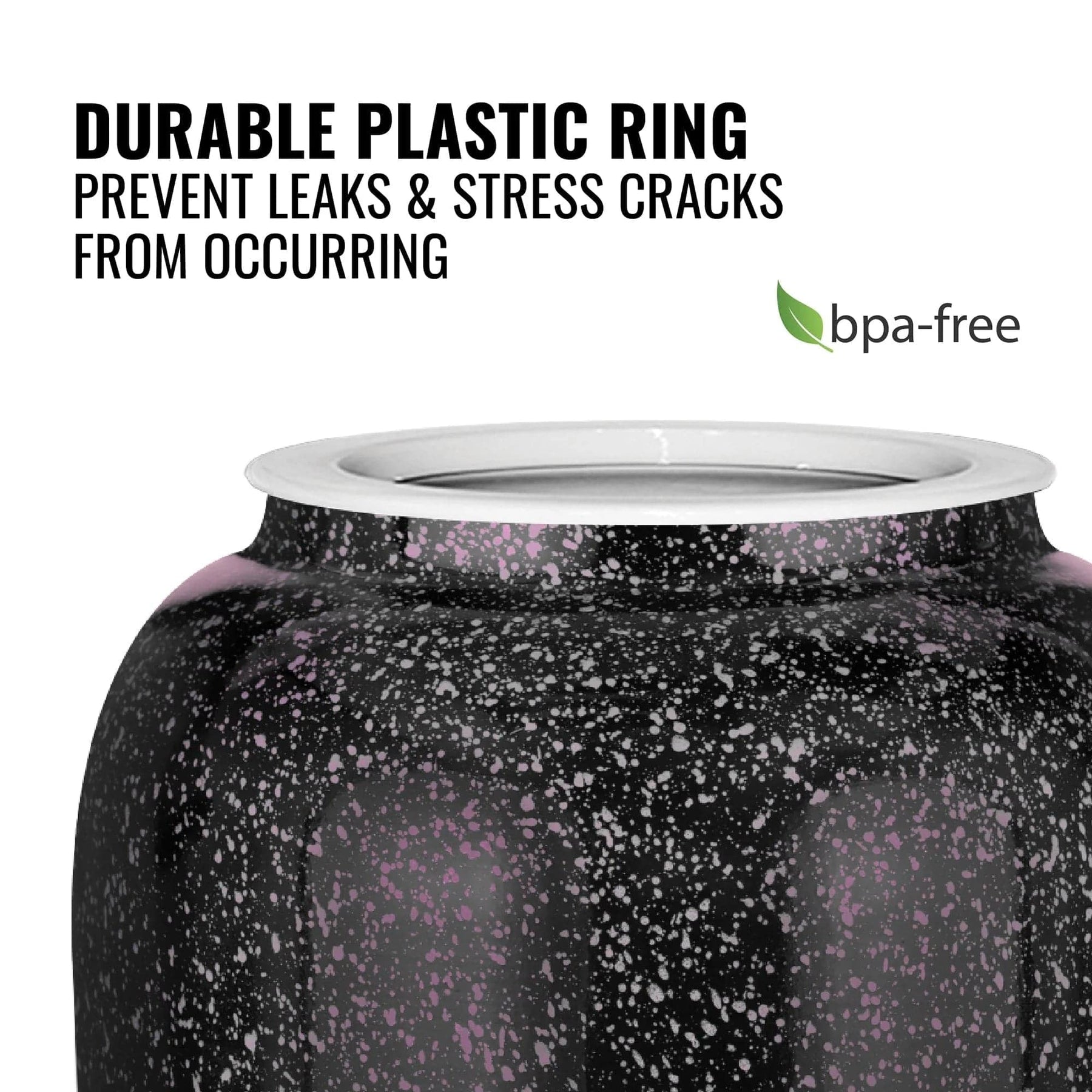 A close-up of the GEO Porcelain Ceramic Crock Water Dispenser in black with pink speckles and a white rim. Text highlights a durable plastic ring that prevents leaks and stress cracks, plus a BPA-free label featuring a green leaf.