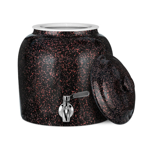 The GEO Porcelain Ceramic Crock Water Dispenser in black with red speckles features a BPA-free ceramic body, metal spigot, matching lid, and white interior. Compatible with 3- and 5-gallon bottles.