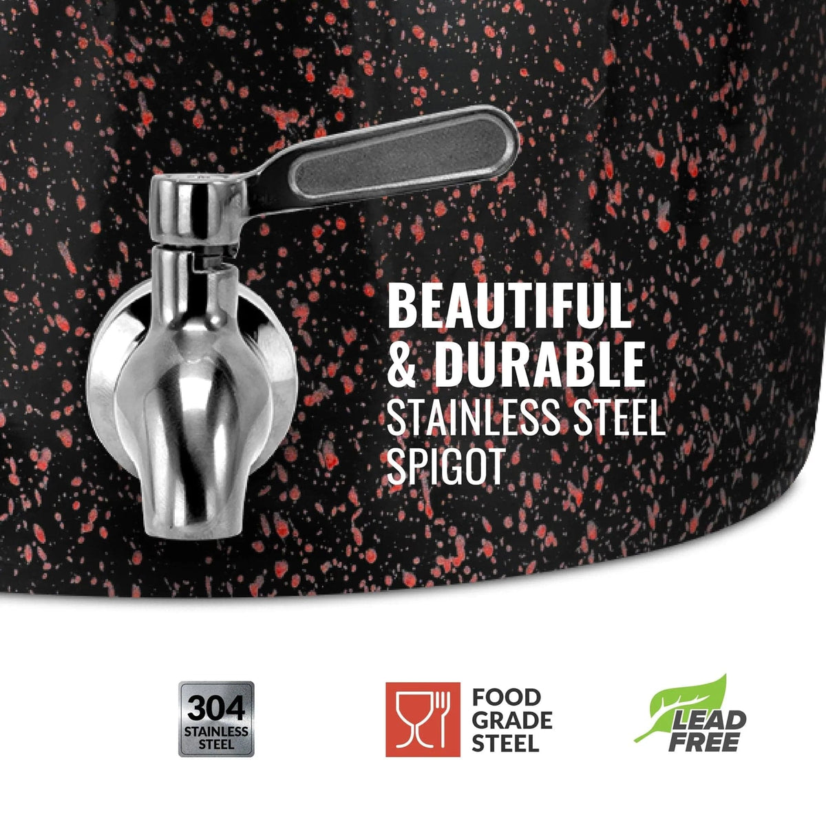 Close-up of a stainless steel spigot on the GEO Porcelain Ceramic Crock Water Dispenser in Black with Red Speckles. Beautiful & Durable Stainless Steel Spigot. BPA-free, 304 food grade stainless steel, and lead free.