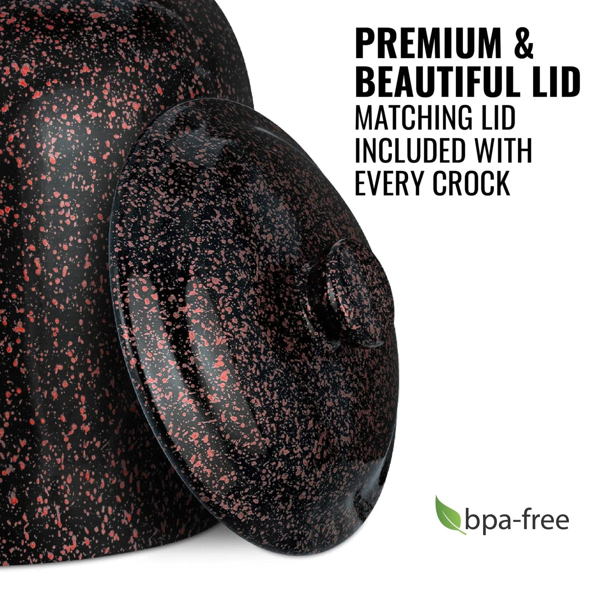 The GEO Porcelain Ceramic Crock Water Dispenser in black with red speckles is shown with its matching premium lid. A BPA-free green leaf icon appears at the bottom right, indicating every crock includes a beautiful, safe lid.