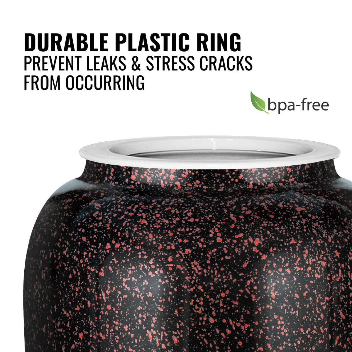 The GEO Porcelain Ceramic Crock Water Dispenser in black with red speckles features a white, durable plastic ring for 3- and 5-gallon bottles, helping prevent leaks. It’s BPA-free and ideal for ceramic water dispenser setups.