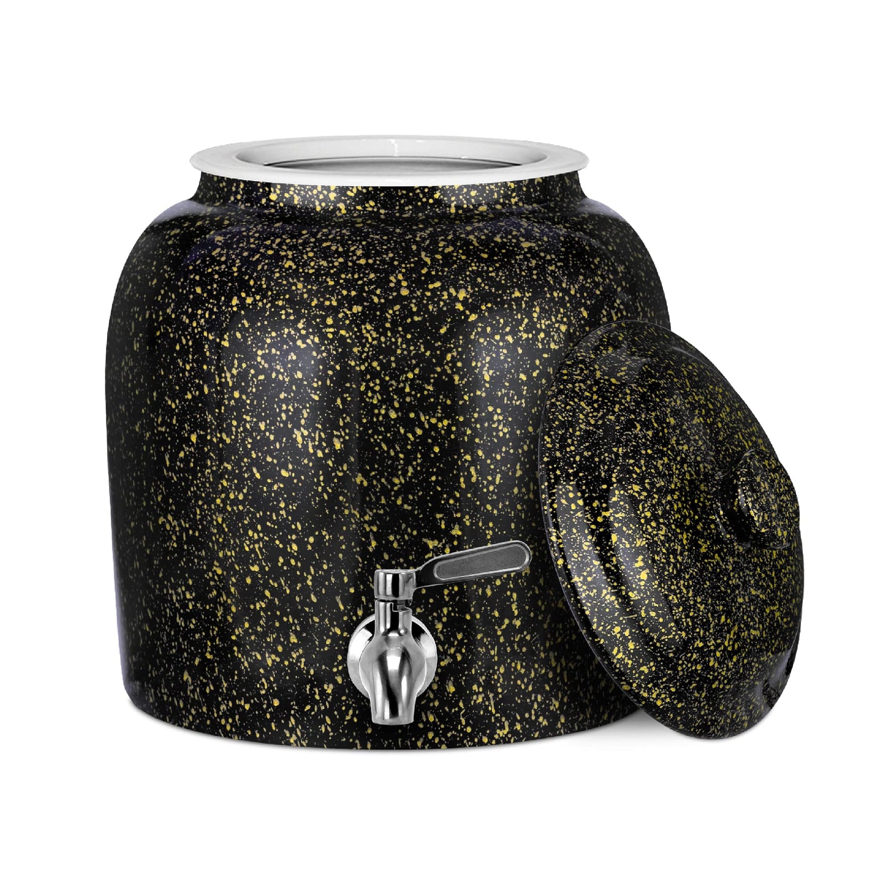 The GEO Porcelain Ceramic Crock Water Dispenser in black with yellow speckles features a silver spigot and removable lid, displayed next to its container against a white background.